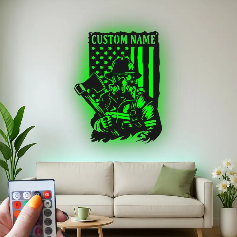 Individuelles Feuerwehr-LED-Schild | Personalisierte Metall-Wandkunst | Patriotisches Helden Geschenk für Ihn | Feuerwehrmann Wohnkultur