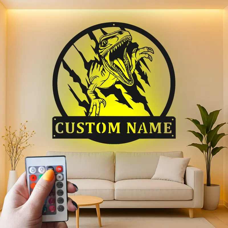 Décoration murale en métal personnalisée avec lumière LED en forme de dinosaure pour la chambre ou la salle de jeux des enfants