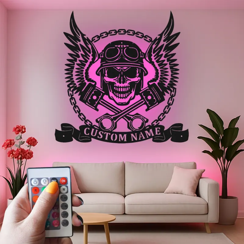 Cartel de garaje personalizado para moteros | Arte mural de calavera de metal LED | Decoración personalizada para motocicletas en el man cave o taller
