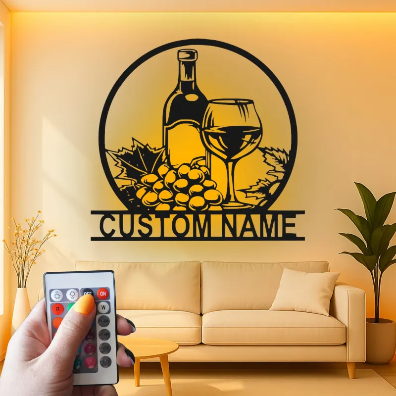 Custom Wine Bottle and Glass Led Light Metal Wall Art Personalized Wine Lover Gift Kitchen or Bar Decor
