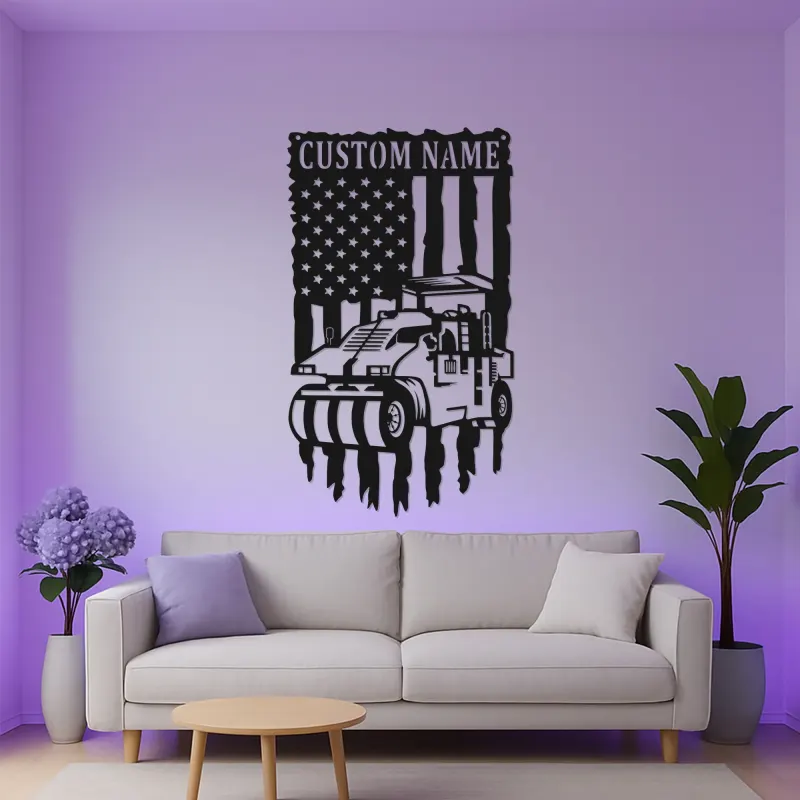 Road Roller Metal Wall Art | Personalized Construction LED Sign | American Flag Heavy Equipment Decor for Office or Garage