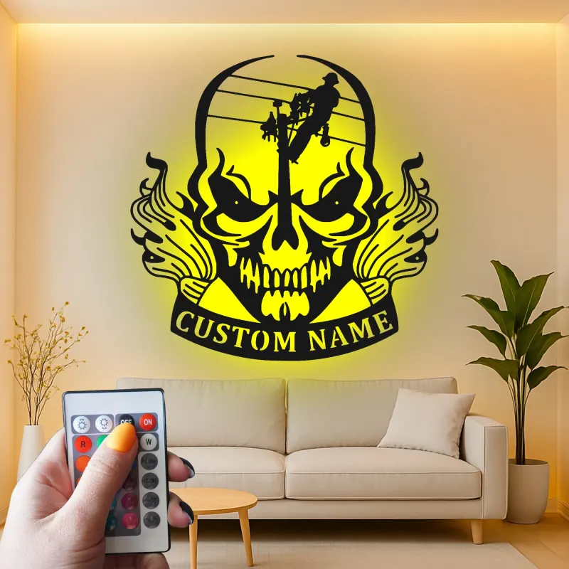 Insegna in Metallo con Teschio per Lineman | Arte da Parete LED Personalizzata per Elettricista | Decorazione per Man Cave e Insegna per Laboratorio | Regalo per Lui
