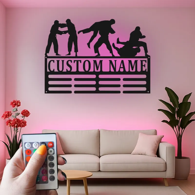 Custom Brazilian Jiu-Jitsu Led Light Metal Wall Art, Personalized Martial Arts Grappling Decor, BJJ Gift for Athletes Gym Room