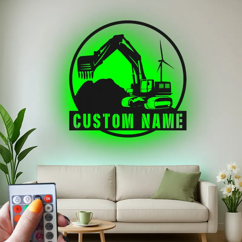 Personalisierte LED-Metall-Wandkunst mit Bagger – Geschenk für Bauprofis, Garagen- oder Bürodeko