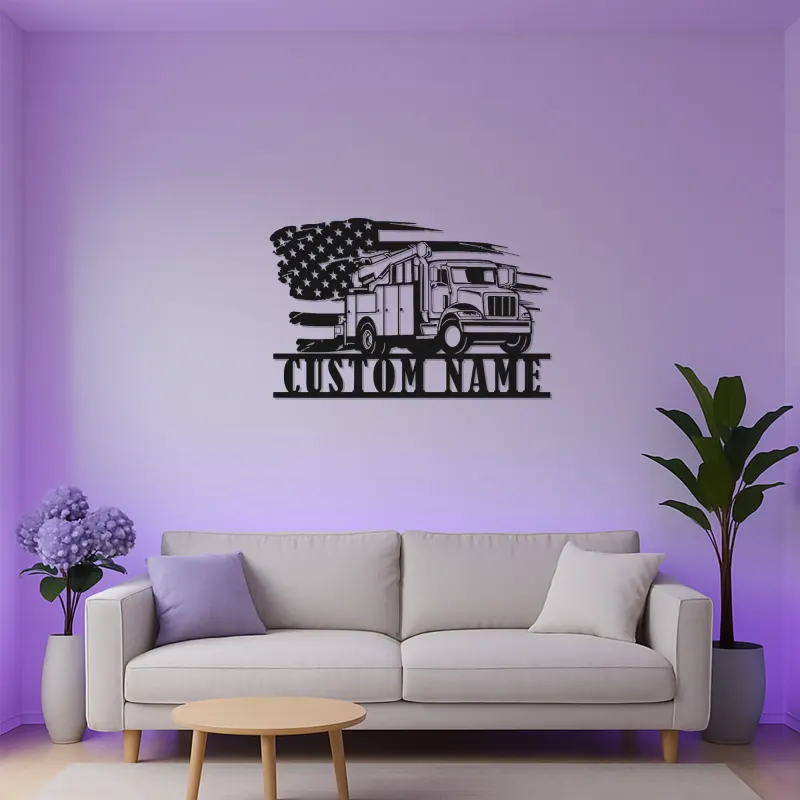 Lineman LED Metal Sign | Personalized Utility Truck Wall Art | American Flag Garage Decor | Custom Gift for Electrician
