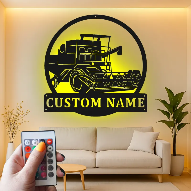 Cartel de metal LED personalizado de cosechadora de cereales Regalo para agricultores Decoración rústica de granja
