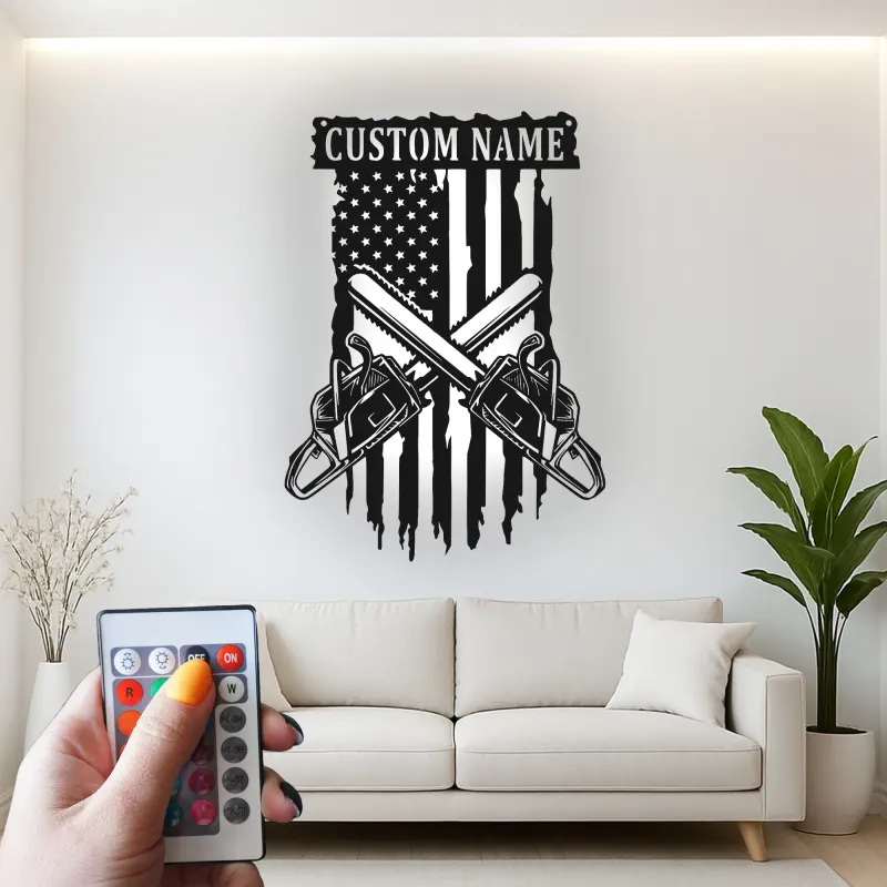 Custom Chainsaw American Flag Led Light Metal Wall Art Unique Gift for Lumberjacks Garage or Workshop Decor