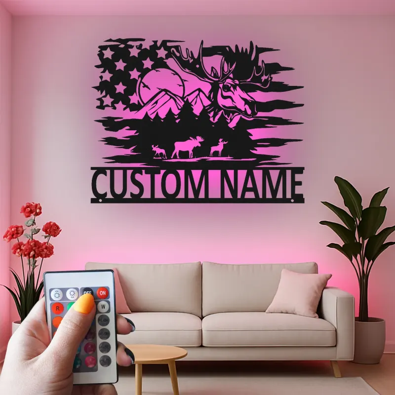 Personalisierte Elchfamilie Metall-Schild | Rustikale LED-Wandkunst für Kabine & Lodge | Individuelle Namens Berg-Deko