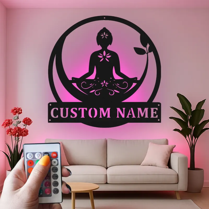 Custom Yoga Meditation Led Light Metal Wall Art Zen Gift for Yoga Lovers Peaceful Home Decor