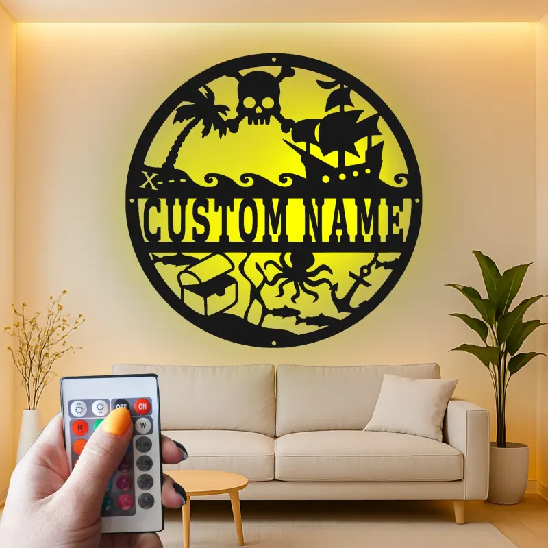 Personalized Pirate Ship Sign | Custom Name LED Metal Wall Art | Nautical Nursery Decor for Kids Room | Skull & Octopus Treasure Art