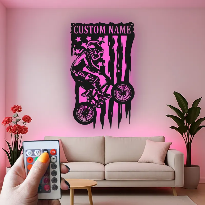 Insegna in metallo LED personalizzata per ciclisti con BMX Rider - Regalo per ciclisti, decorazione per garage o camera da letto