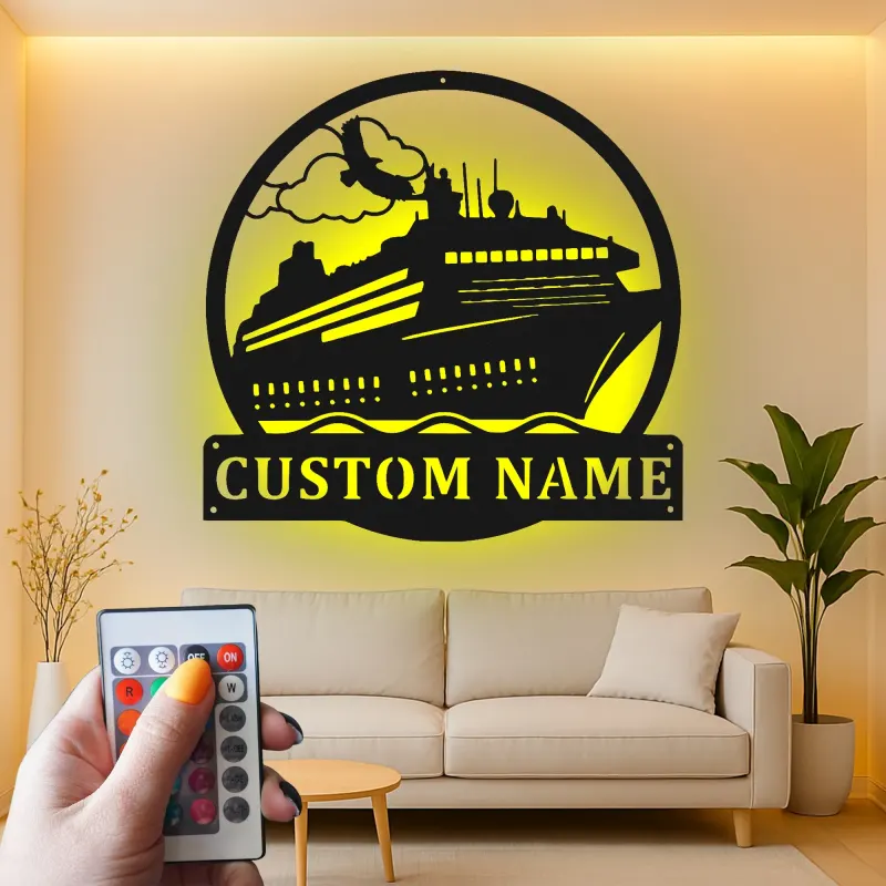 Décoration murale en métal personnalisée avec éclairage LED de bateau de croisière - Cadeau pour les amoureux de croisières - Décor nautique pour le salon