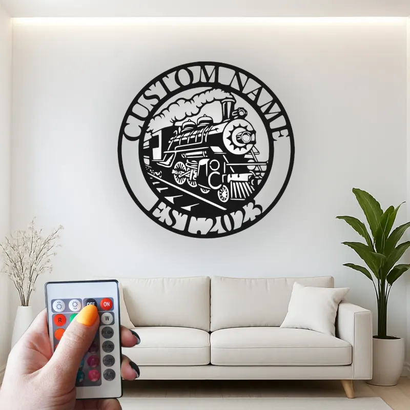 Insegna in metallo personalizzata con luce LED per locomotiva a vapore regalo per appassionati di treni decorazione man cave