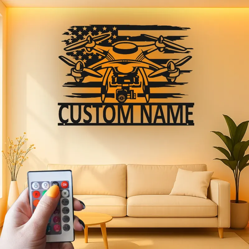 Custom Drone Led Light Metal Wall Art Personalized Gift for Drone Enthusiasts Man Cave or Office Decor