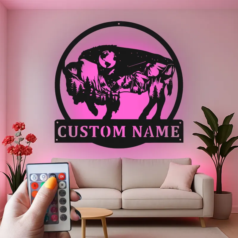 Custom Bison Mountain Scene Led Light Metal Wall Art Personalized Nature Lover Gift Rustic Home Decor