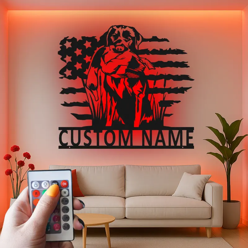 Décoration murale en métal Labrador Retriever | Cadeau personnalisé pour chasseur avec lumières LED | Décor patriotique pour chien