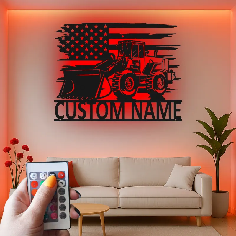 Custom Bulldozer American Flag Led Light Metal Wall Art Construction Gift for Him Garage or Workshop Decor