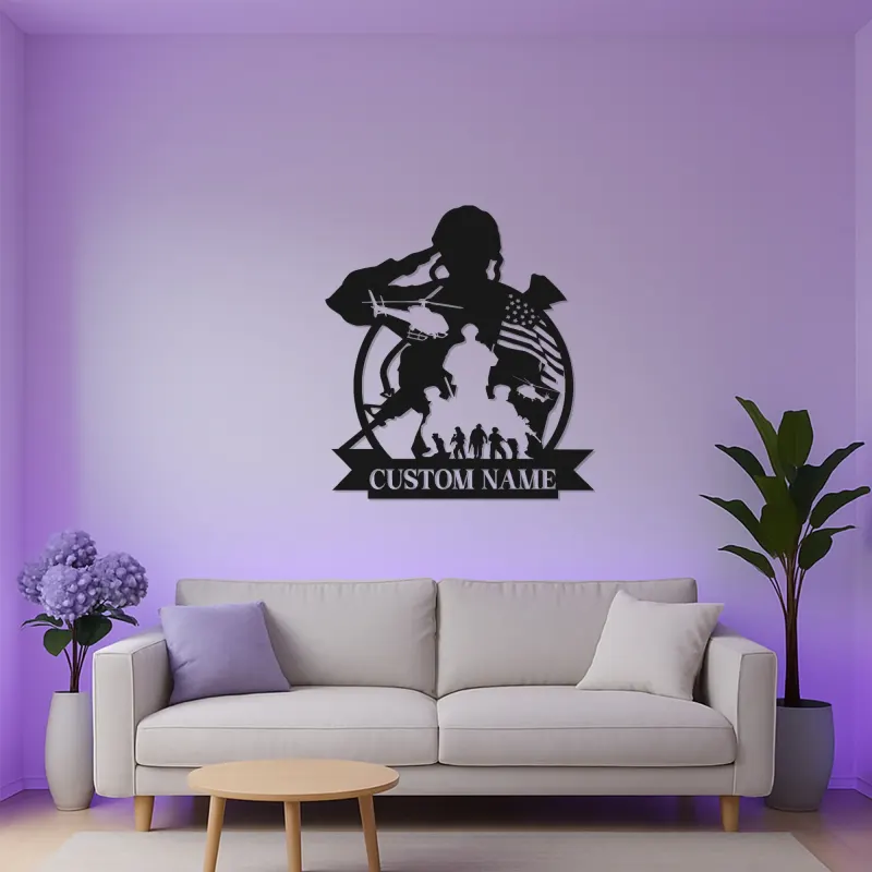 Arte murale in metallo militare personalizzata | Insegna LED patriottica con soldato | Regalo personalizzato per veterani per man cave