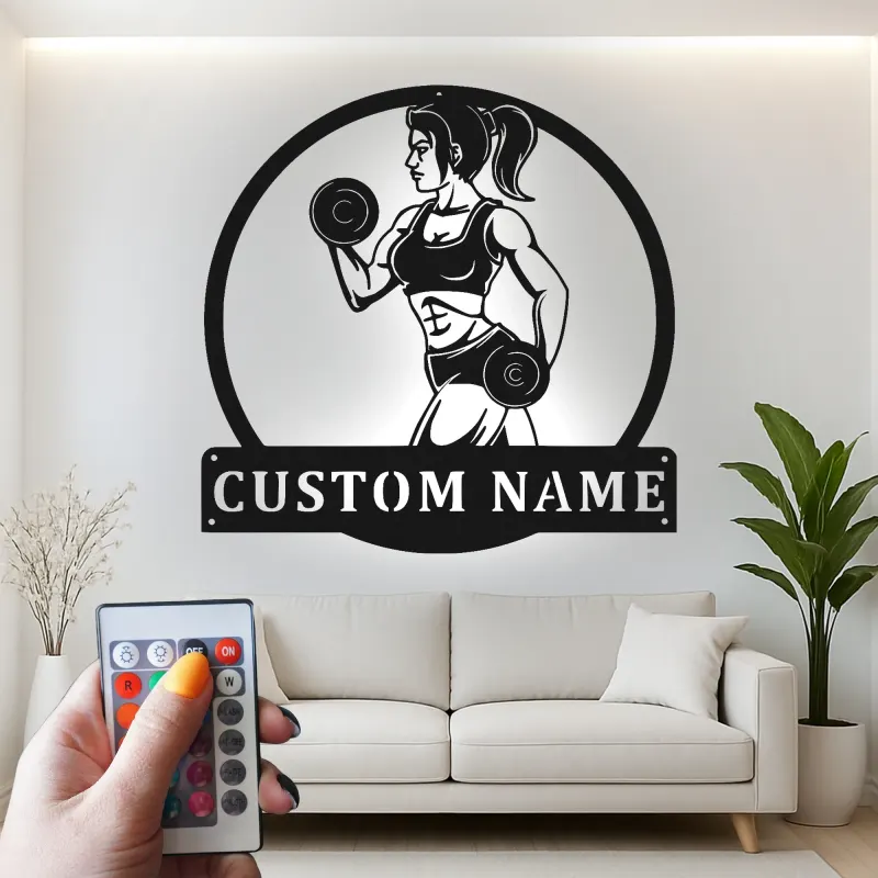 Cartel LED personalizado de chica fitness | Arte de metal con nombre personalizado para gimnasio en casa | Decoración de sala de entrenamiento | Regalo motivacional para ella