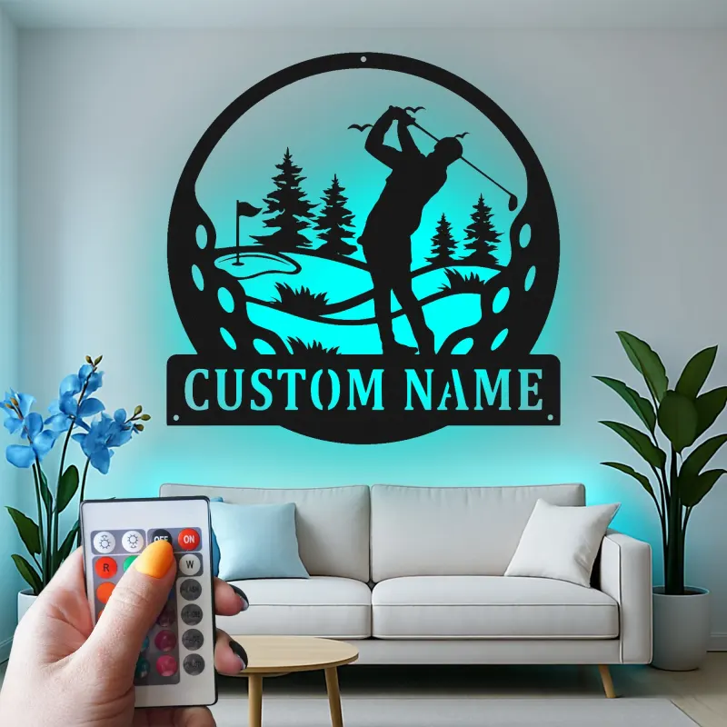 Decoración mural de metal LED de golf personalizada | Cartel con nombre de golfista para cueva masculina | Regalo decorativo retroiluminado para él