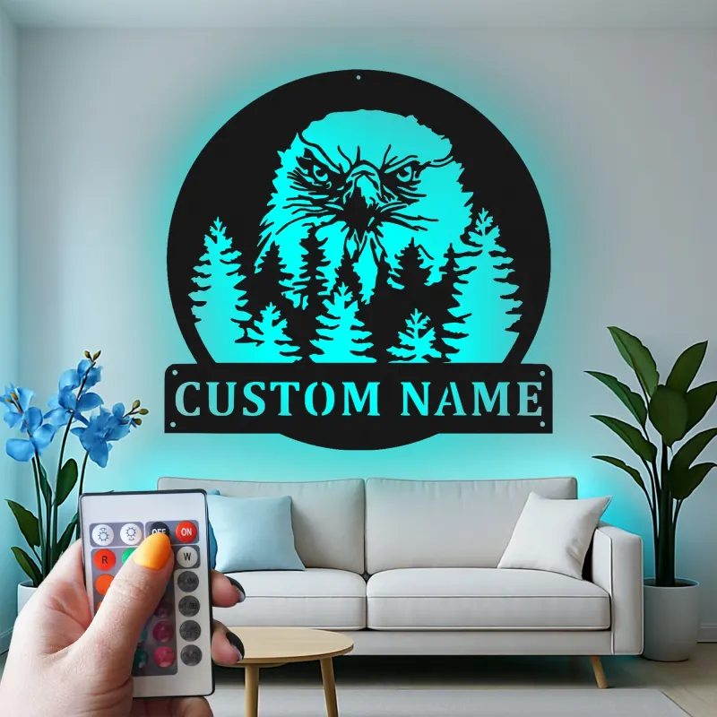Cartel de metal LED personalizado de águila en el bosque, regalo para amantes de la naturaleza, decoración rústica de cabaña