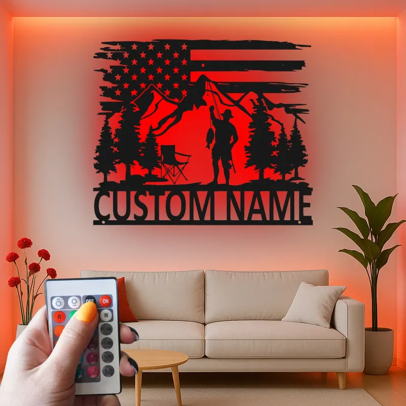 Insegna LED in metallo per pesca personalizzata | Arte da parete patriottica per pescatore | Decorazione su misura per baita e casa al lago | Regalo per pescatore