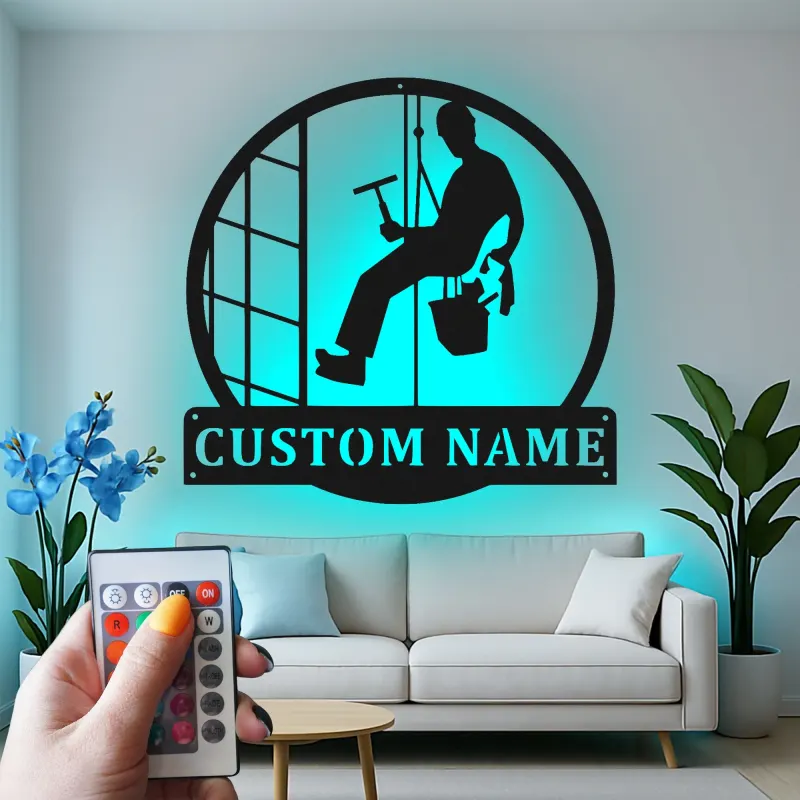 Décoration murale en métal personnalisée pour nettoyeurs de vitres avec rétroéclairage LED - Cadeau unique pour nettoyeurs - Décor mural de bureau