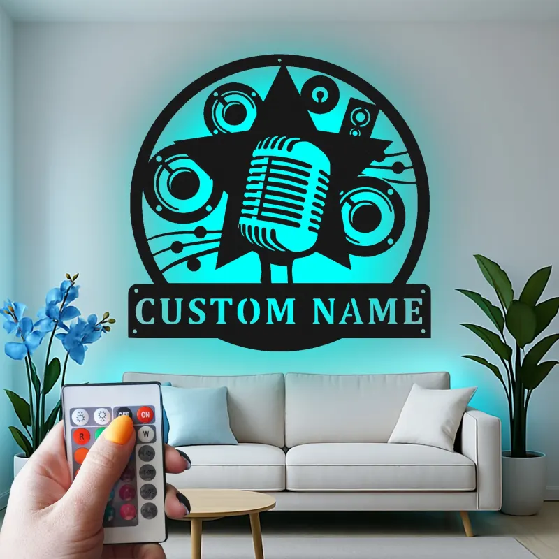 Personalisierte LED-Metallschild im Retro-Mikrofon-Design | Wandkunst für Musikstudio | Musiker Namensschild | Geschenk für Sänger