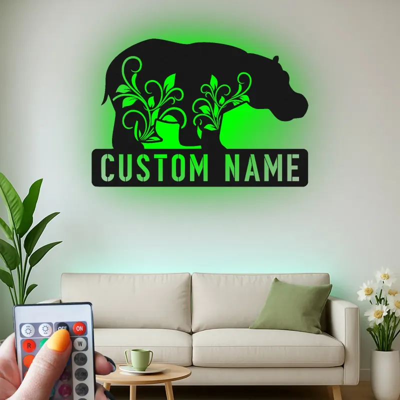 Custom Hippo Metal Wall Art LED Lighted | Personalized Wildlife Decor | Cabin & Rustic Home Accent