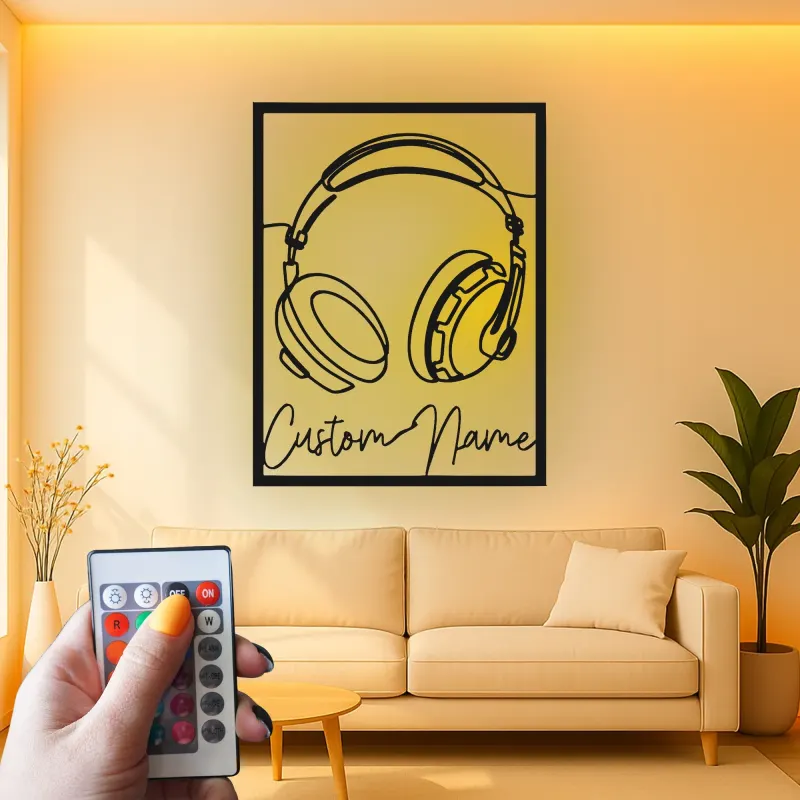 Insegna LED cuffie personalizzata | Decorazione murale in metallo su misura per studio musicale | Decor con nome per DJ | Idea regalo per musicista