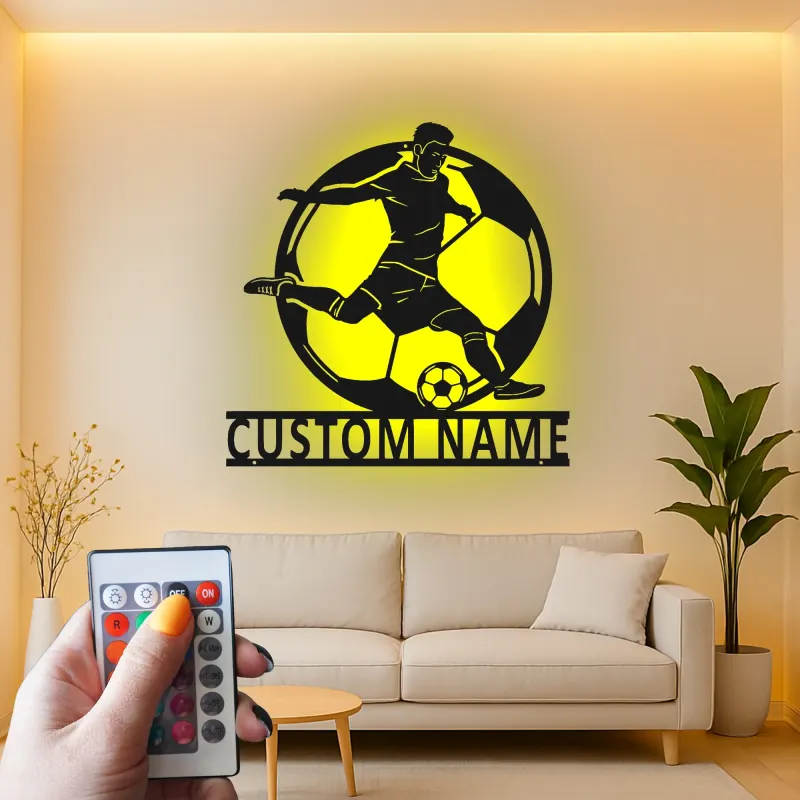Panneau LED Personnalisé Joueur de Football | Décoration Murale en Métal Personnalisée | Cadeau Athlète pour Chambre d'Adolescent | Décor de Bar Sportif et Salle de Jeux