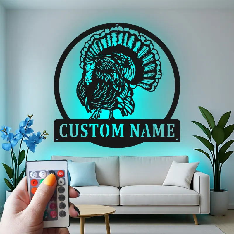 Décoration murale en métal personnalisée avec LED en forme de dinde - Cadeau de Thanksgiving pour la cuisine ou la salle à manger