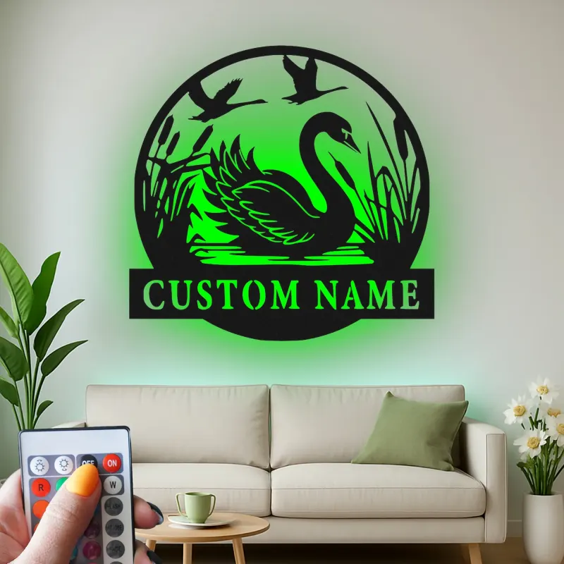 Insegna in metallo LED personalizzata con cigno, regalo per amanti della natura per decorare la camera da letto o il soggiorno