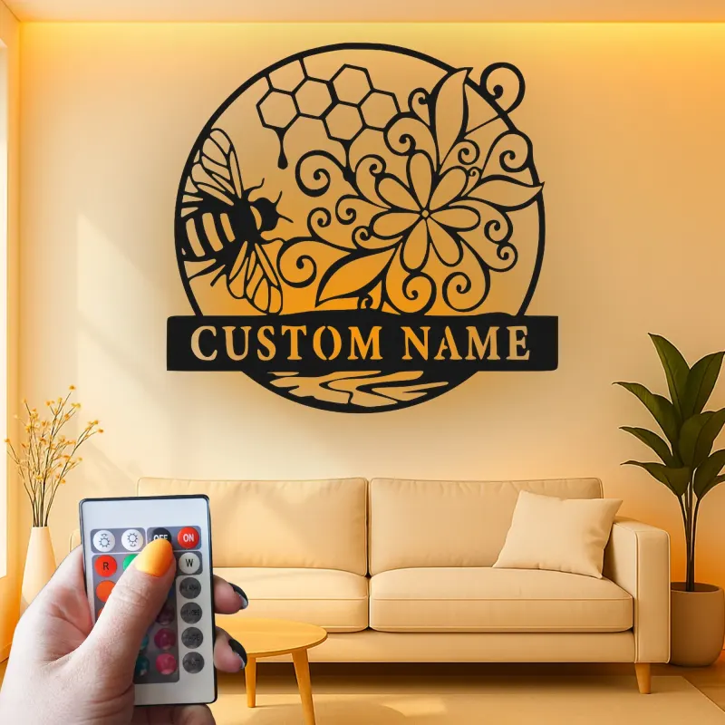 Décoration murale en métal personnalisée Abeille et Rayons de miel avec rétroéclairage pour amoureux de la nature