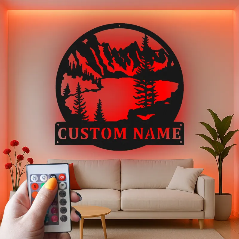 Custom Mountain Metal Sign | LED Backlit Lake Scene Wall Art | Personalized Cabin Decor | Rustic Nature Lover Gift