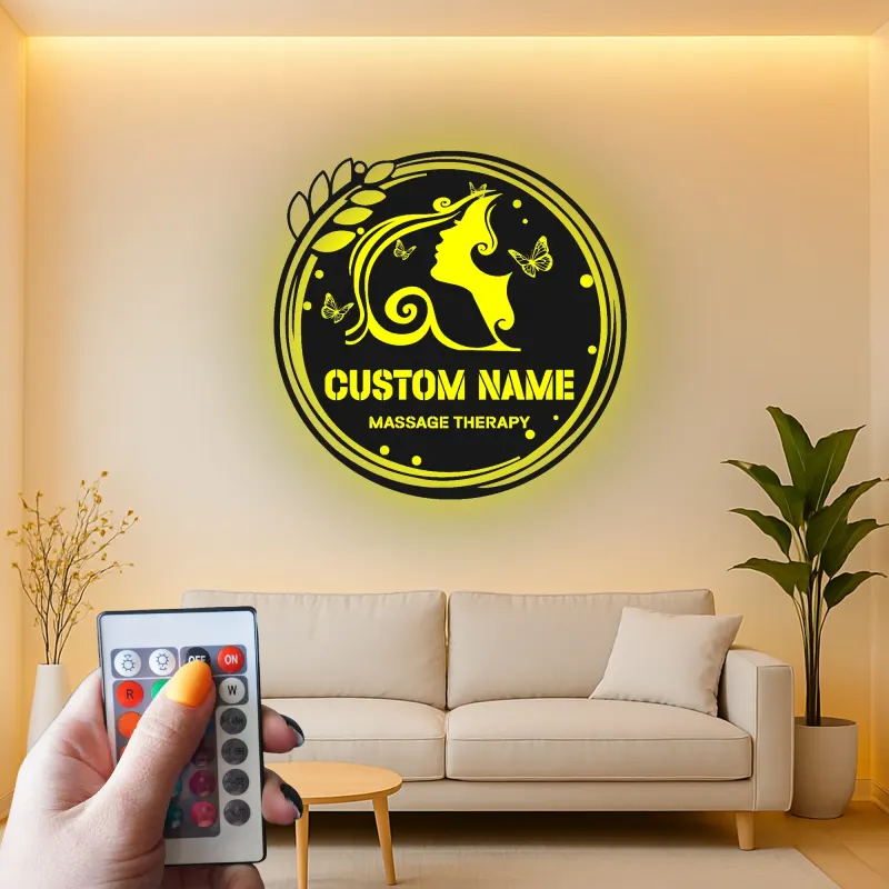 Insegna LED in metallo personalizzata | Arte murale con silhouette femminile | Logo aziendale retroilluminato per spa, centro massaggi, salone | Decorazione profilo donna farfalla