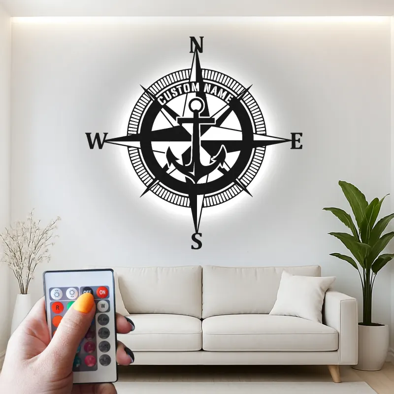 Insegna LED Personalizzata con Bussola Nautica | Insegna in Metallo con Ancora | Decorazione Costiera per Casa e Barca
