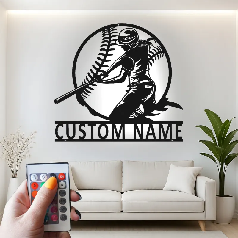 Décoration murale en métal personnalisée pour joueur de softball avec rétroéclairage LED - Cadeau pour passionnés de softball