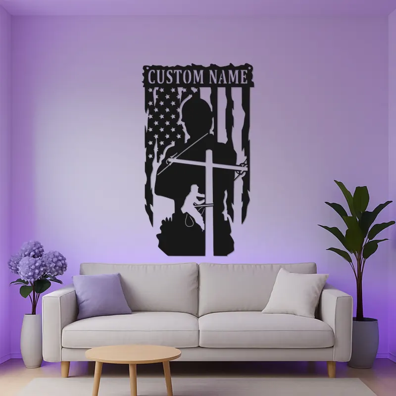 Lineman American Flag LED Sign | Custom Metal Wall Art | Personalized Electrician Gift for Man Cave | Patriotic Home Decor