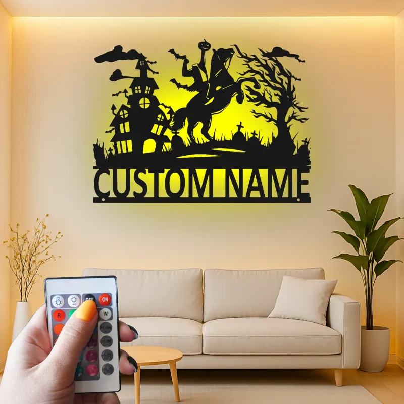Headless Horseman Metal Sign with LED | Custom Halloween Decor | Personalized Spooky Wall Art for Home & Porch