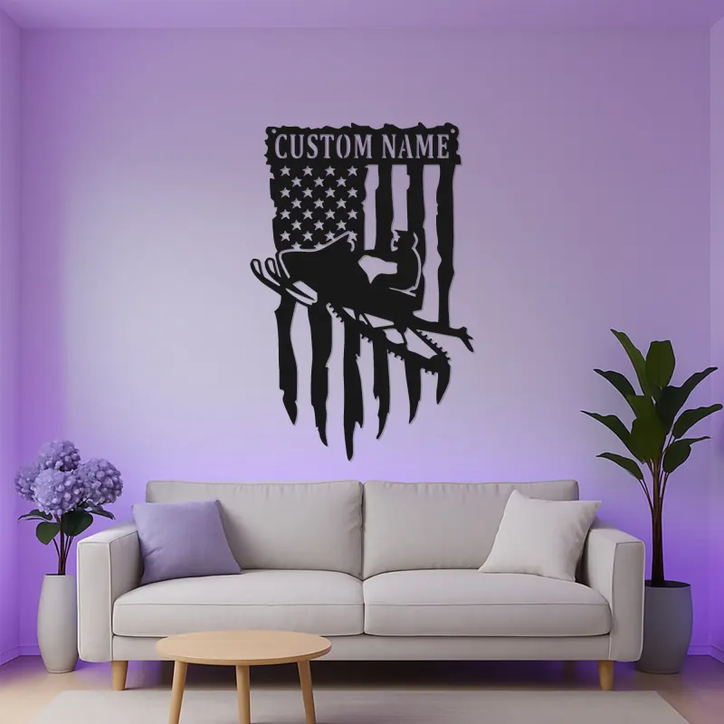 Cartel de metal personalizado de moto de nieve | Arte mural LED de bandera americana | Decoración de cueva de hombre personalizada y regalo patriótico para motorista