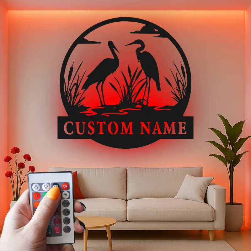 Personalized Heron Metal Wall Art | LED Backlit Wildlife Sign | Custom Lake House & Cabin Decor | Nature Lover Gift