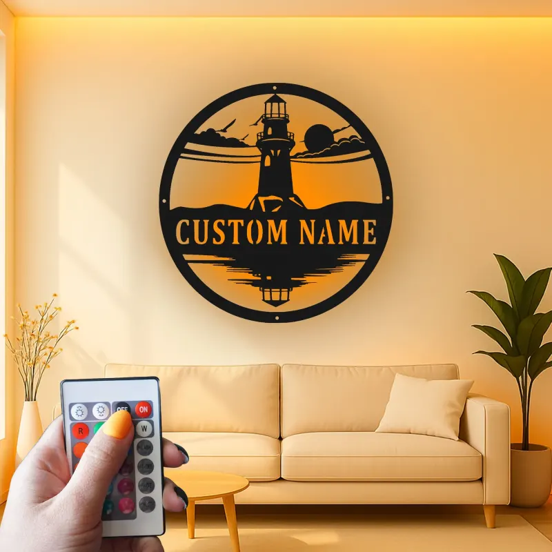 Panneau en métal phare LED personnalisé | Art mural nautique personnalisé | Décor côtier et maison de plage