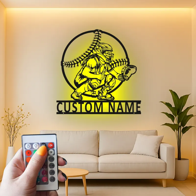 Custom Baseball Catcher Led Light Metal Wall Art Personalized Sports Gift for Baseball Fans Game Room Decor