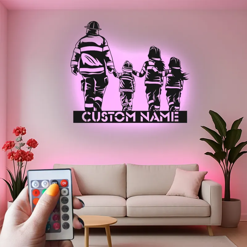 Insegna personalizzata per famiglia di vigili del fuoco | Arte murale LED in metallo | Regalo su misura per papà pompiere | Arredo per caserma