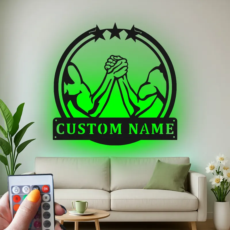 Custom Arm Wrestling Led Light Metal Wall Art Personalized Gift for Him Man Cave Decor