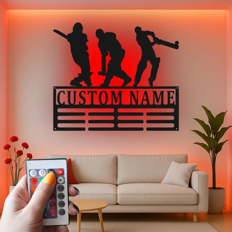 Insegna in metallo personalizzata con giocatore di cricket luce LED regalo sportivo per lui decorazione per sala giochi