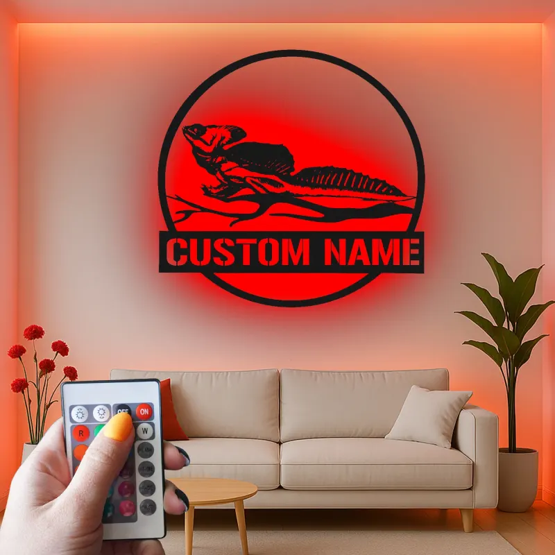 Insegna LED in metallo con lucertola dal collare | Arte murale personalizzata con nome per rettili | Decorazione con sagoma animale esotico per casa e attività