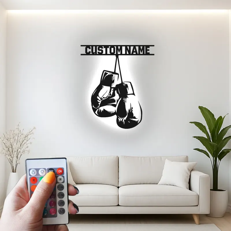 Personalisierte LED-beleuchtete Metall-Wandkunst mit Boxhandschuhen – Geschenk für Boxer, Fitnessstudio oder Männerhöhle 1
