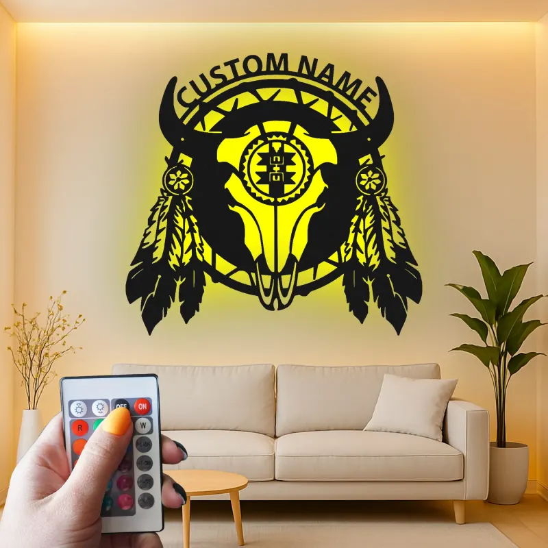 Cartel de metal LED personalizado de cráneo de búfalo, regalo occidental rústico para decoración del hogar en el salón